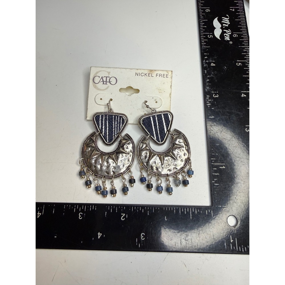 Cato Silver Tone Navy Blue Striped Fabric Beaded Boho Drop Earrings Nickel Free